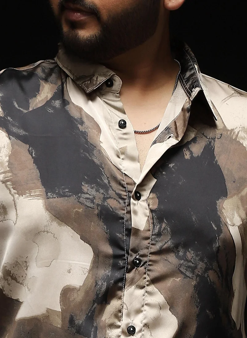 Instafab Plus Instafab Plus Men's Black & Beige Abstract-Smear Imprint Shirt | Spread Collar , Long Cuffed Sleeves , Button Closure , Curved Hemline | Abstract-Print Plain Polyester For Evening & Party Wear