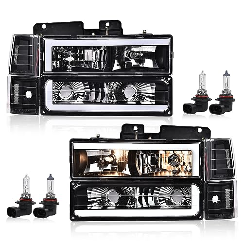 GPLUS مصابيح LED G-PLUS شريط ضوء أمامي مع لمبة متوافقة مع GMC C1500 C2500 K1500 K2500 Suburban 1994-1999/تناسب GMC C2500 C3500 K2500 K3500 1994-2000 عدسة شفافة هيكل أسود عاكس شفاف - Image 1