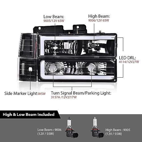 GPLUS مصابيح LED G-PLUS شريط ضوء أمامي مع لمبة متوافقة مع GMC C1500 C2500 K1500 K2500 Suburban 1994-1999/تناسب GMC C2500 C3500 K2500 K3500 1994-2000 عدسة شفافة هيكل أسود عاكس شفاف - Image 3