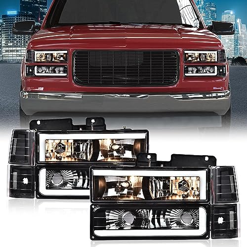 GPLUS مصابيح LED G-PLUS شريط ضوء أمامي مع لمبة متوافقة مع GMC C1500 C2500 K1500 K2500 Suburban 1994-1999/تناسب GMC C2500 C3500 K2500 K3500 1994-2000 عدسة شفافة هيكل أسود عاكس شفاف - Image 2
