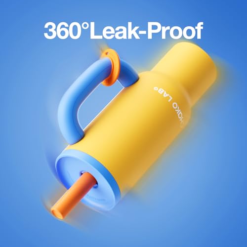 CHAKO LAB كوب تشاكو لاب باوانغ المعزول من الفولاذ المقاوم للصدأ | كوب مع مقبض وشفاطة 33 أونصة | مناسب لحامل الأكواب للسفر | زجاجة ماء مانعة للتسرب | خالية من BPA | بطانة من الفولاذ المقاوم للصدأ 316 | أصفر وأزرق - Image 5