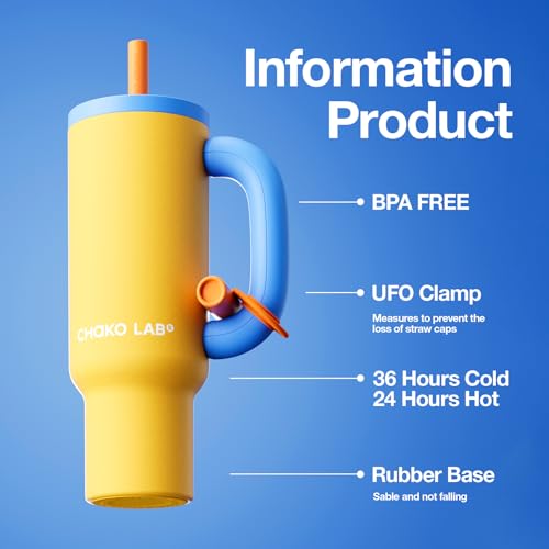 CHAKO LAB كوب تشاكو لاب باوانغ المعزول من الفولاذ المقاوم للصدأ | كوب مع مقبض وشفاطة 33 أونصة | مناسب لحامل الأكواب للسفر | زجاجة ماء مانعة للتسرب | خالية من BPA | بطانة من الفولاذ المقاوم للصدأ 316 | أصفر وأزرق - Image 2