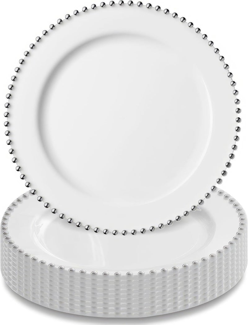 Decor Decorline Decorline Beaded Collection White  Silver Plastic Plates  105 Pack of 10 Elegant Design Tableware Perfect for Chic Special Occasions  Gatherings - Image 1