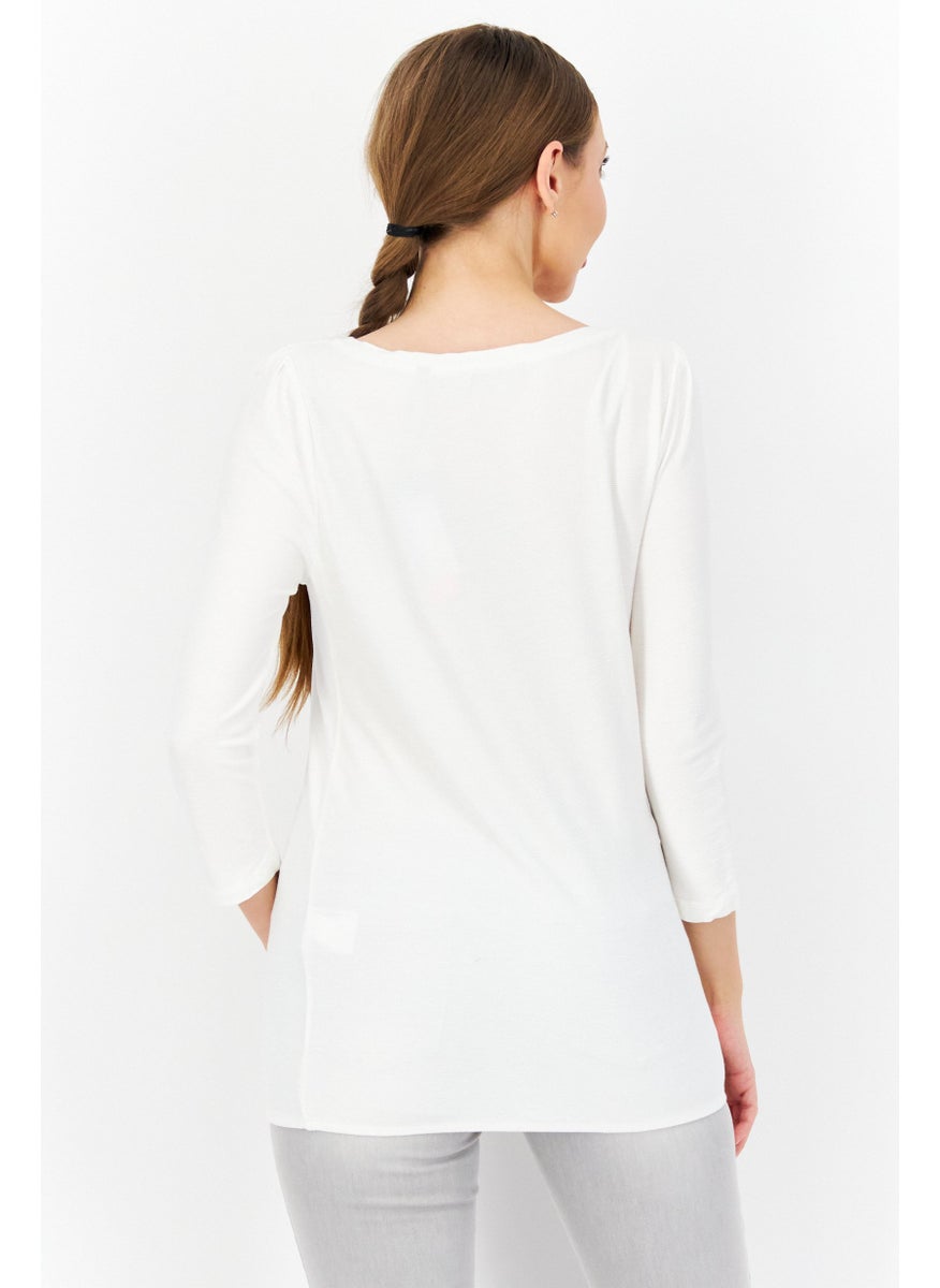Zero - Women Round Neck Long Sleeve Textured Top, White - Image 1