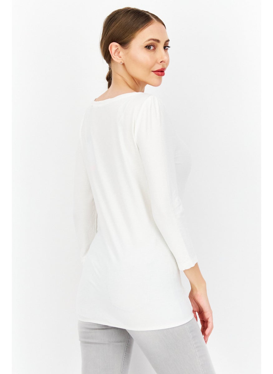 Zero - Women Round Neck Long Sleeve Textured Top, White - Image 1