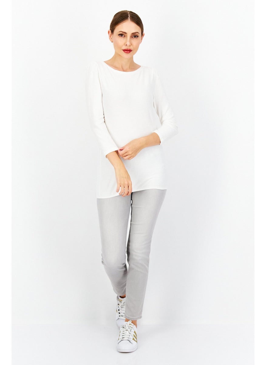 Zero - Women Round Neck Long Sleeve Textured Top, White - Image 1