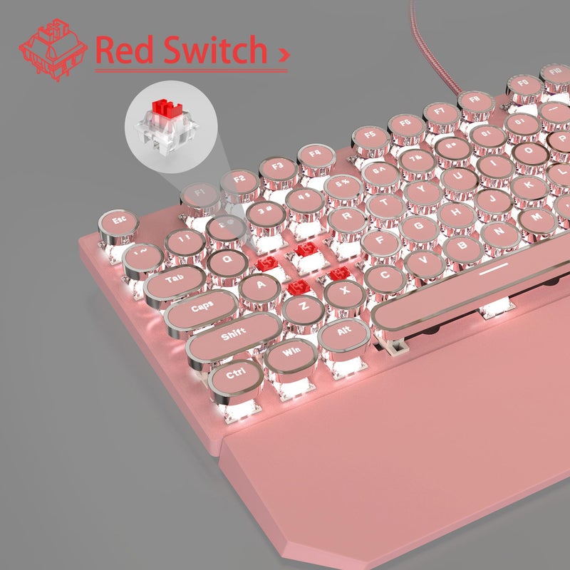 MageGee Typewriter Mechanical Gaming Keyboard and Mouse Combo, Retro Punk Round Keycaps RGB Rainbow Backlit Wired Keyboard for Game and Office, for Windows Laptop PC, Red Switches(Pink) - Image 4