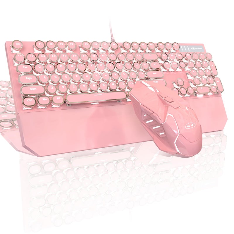 MageGee Typewriter Mechanical Gaming Keyboard and Mouse Combo, Retro Punk Round Keycaps RGB Rainbow Backlit Wired Keyboard for Game and Office, for Windows Laptop PC, Red Switches(Pink) - Image 1