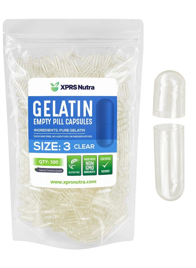 XPRS Nutra Size 3 Empty Capsules - 500 Count Clear Empty Gelatin Capsules - Pills DIY Capsule Filling - Pure Bovine Pill Gel Caps Fillable for Do-It-Yourself Vitamins and Supplements - Image 1