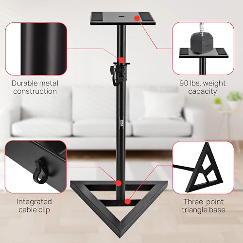Pyle حامل مكبر صوت بايل - زوج لحامل صوت بلاي 1 و 3 - ارتفاع قابل للتعديل من 26 بوصة إلى 52 بوصة - قاعدة مثلثية ثقيلة ثلاثية النقاط مع مسامير أرضية ومنصة مربعة 9 بوصات، باللون الأسود - Image 5