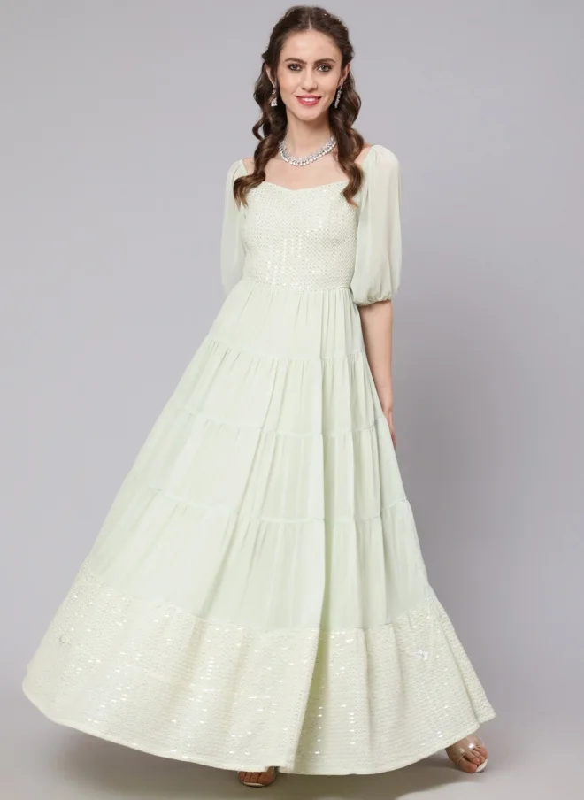 أيه كيه إس Sea Green Embellished Maxi Dress for Women