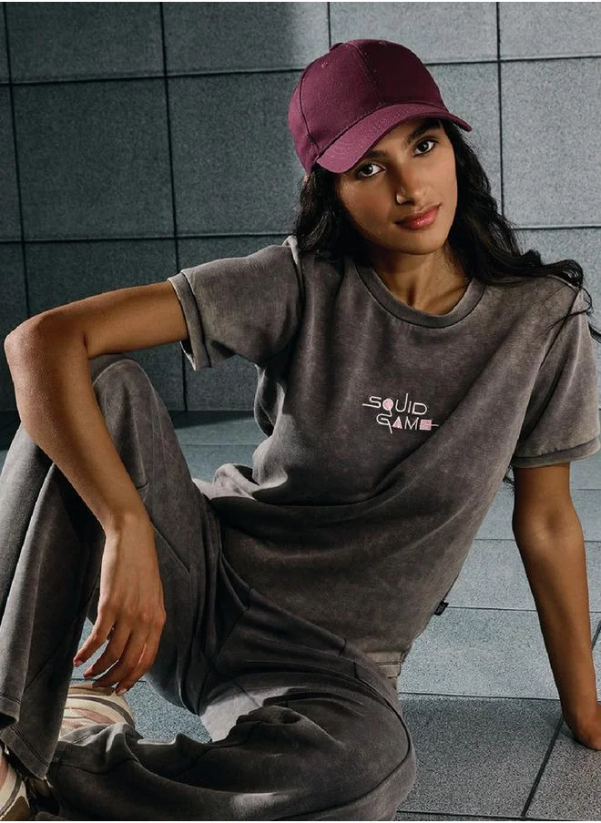 SP Characters Squid Game Embroidered Crop T-shirt with Crew Neck