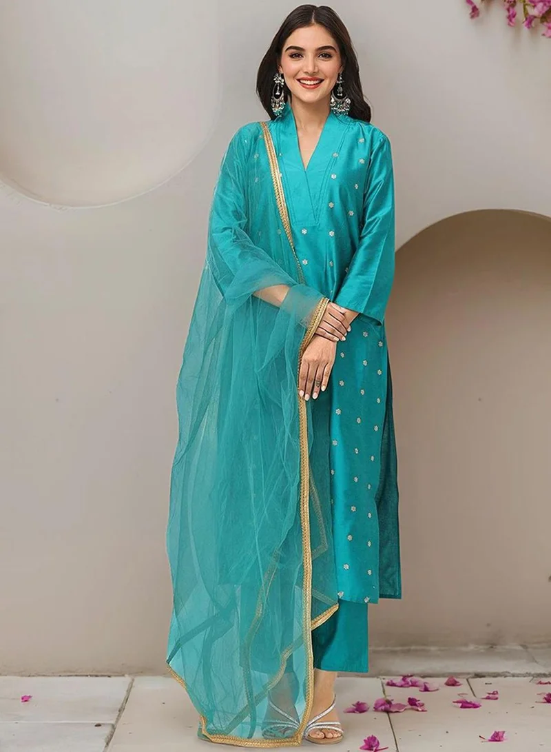 آي شين طقم تونيك نسائي طويل باللون الأخضر البترولي من البوليستر المطرز بقصة مستقيمة كاجوال