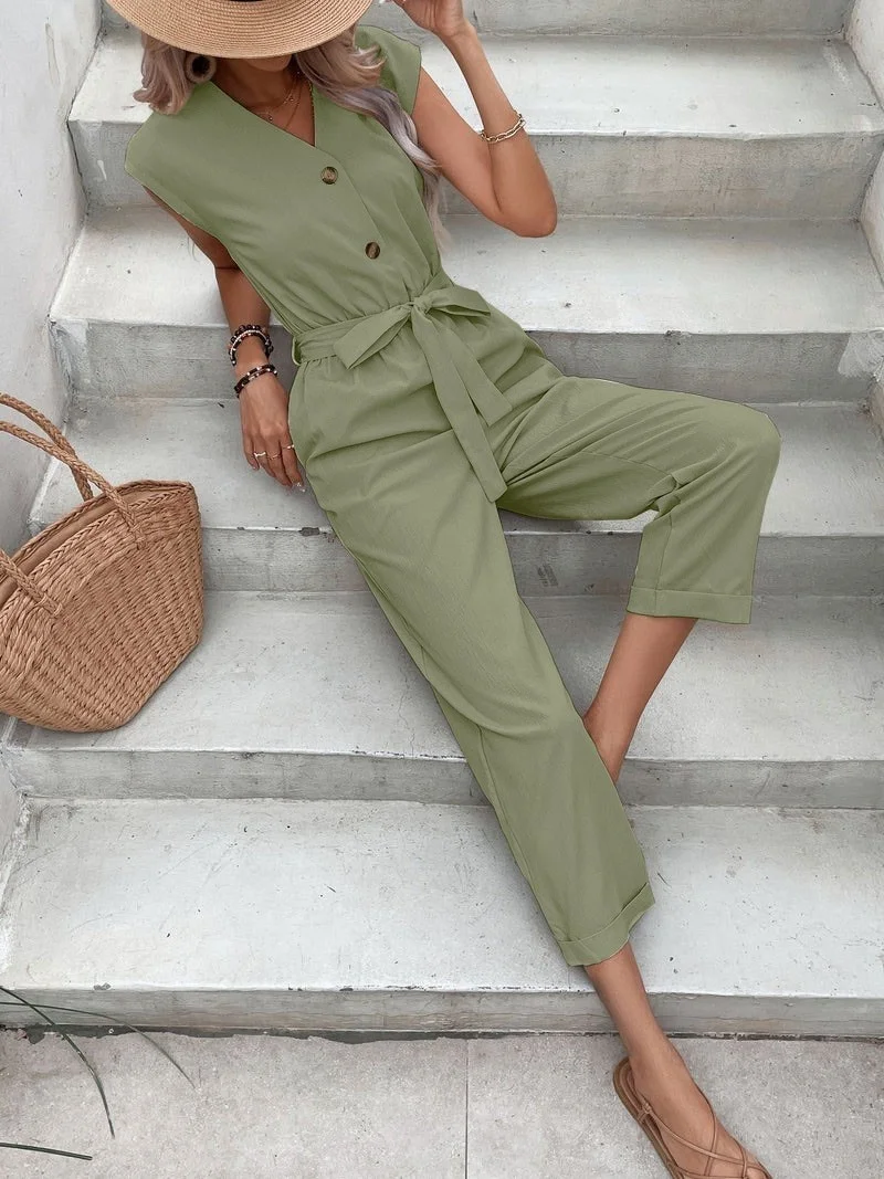 باربورا Linen Women's V-Neck Single Breasted Sleeveless Jumpsuit LN28HAKI13