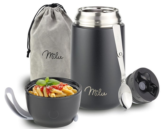 FOOD FLASK FOR HOT FOOD 800ML LEAKPROOF INSULATED STAINLESS STEEL THERMAL LUNCH BOX SOUP CONTAINER WITH SPOON BPAFREE TO GO MEAL PREP PORRIDGE BLACK 800ML