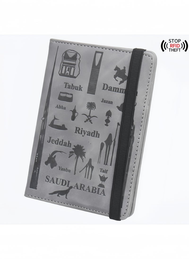 لغة محفظة جواز سفر متعددة الفتحات – حافظة سفر مانعة لـ RFID للرجال والنساء، غلاف من الجلد الصناعي لوثائق السفر (رمادي) - Image 1