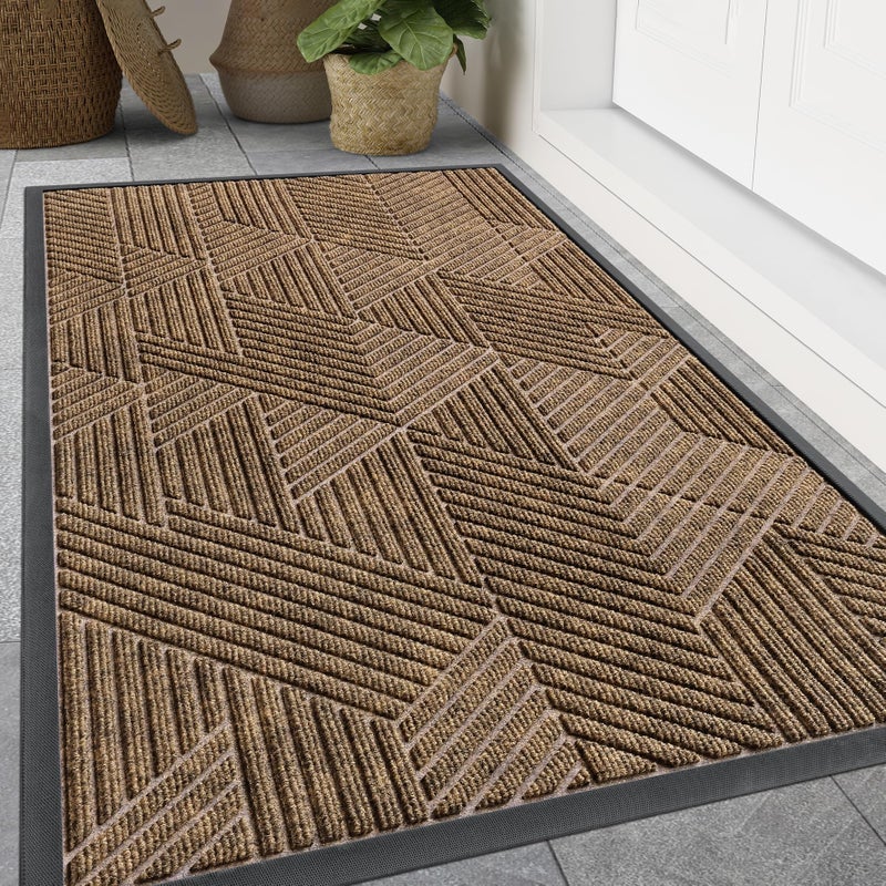 Smiry Front Door Mat Outside Entrance Heavy Duty Sturdy Natural Rubber Doormat Trap Dirt and Moisture Easy Clean Low Profile Mats for Indoor Outdoor Entry Irregular Triangle 47x32 Brown