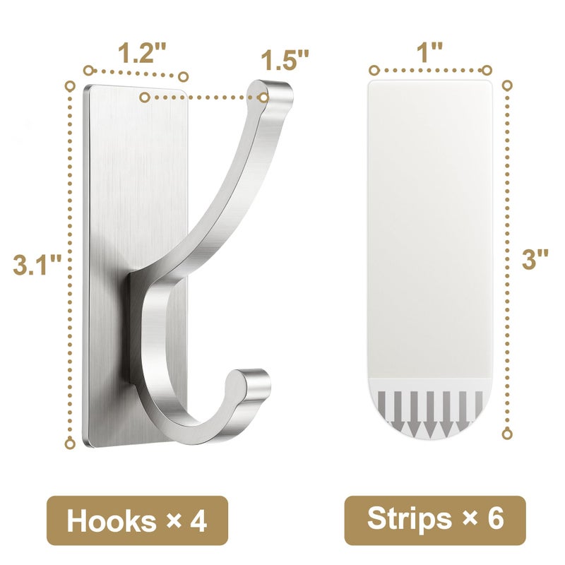 pickpiff Adhesive Wall Hooks with Strip - No Residue, Easy to Remove, Strong Heavy Duty Sticky Towel Hook, 4 Pack Silver - Image 5