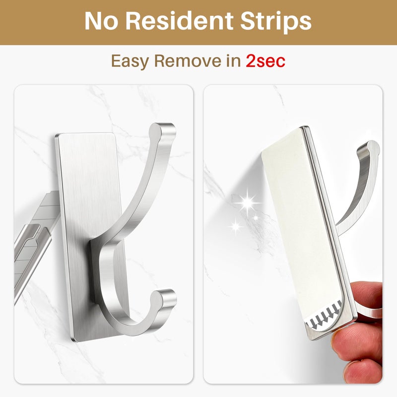 pickpiff Adhesive Wall Hooks with Strip - No Residue, Easy to Remove, Strong Heavy Duty Sticky Towel Hook, 4 Pack Silver - Image 3