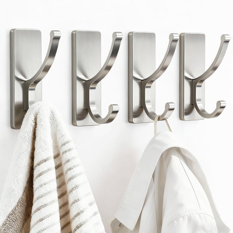 pickpiff Adhesive Wall Hooks with Strip - No Residue, Easy to Remove, Strong Heavy Duty Sticky Towel Hook, 4 Pack Silver - Image 1
