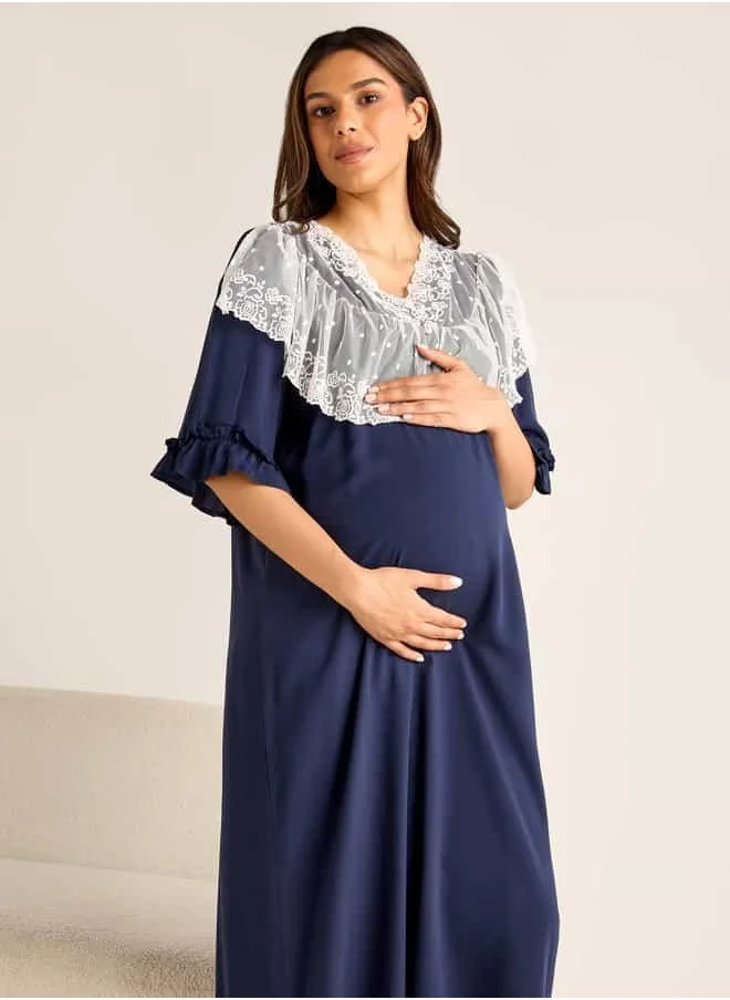 فاف Lace Detail Maternity Night Gown with 3/4 Sleeves