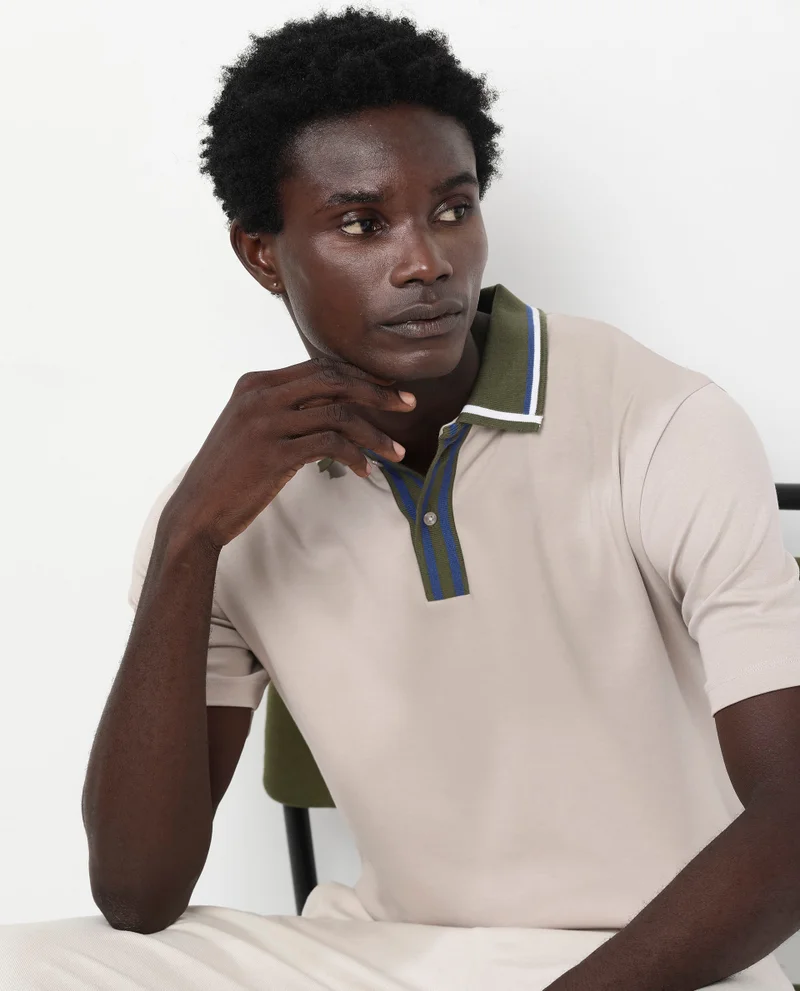Rare Rabbit Rare Rabbit Men's Territ Beige Short Sleeve Collared Neck Regular Fit Plain Polo T-Shirt