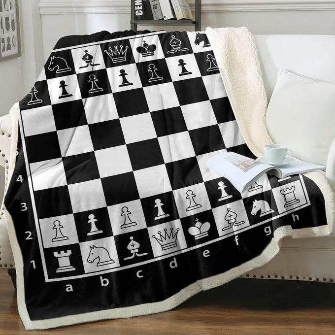 CHESS BOARD SHERPA FLEECE THROW BLANKET GRID CHECKERED PATTERN SUPER WARM LIGHTWEIGHT BED COUCH BLANKETS BLACK AND WHITE THROW50X60
