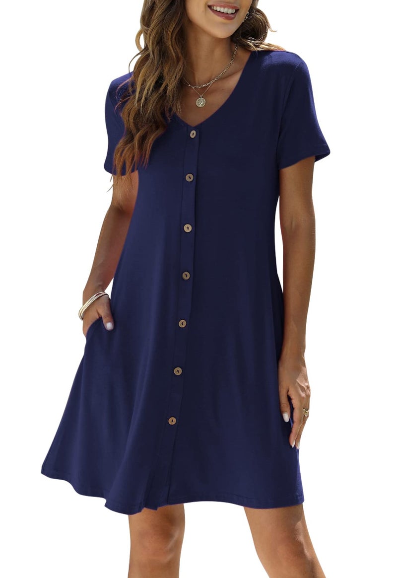 Manydress Women's Summer Casual T Shirt Short Sleeve Button Down Swing Dress with Pockets MY035 (Dark Blue, L) - Image 1