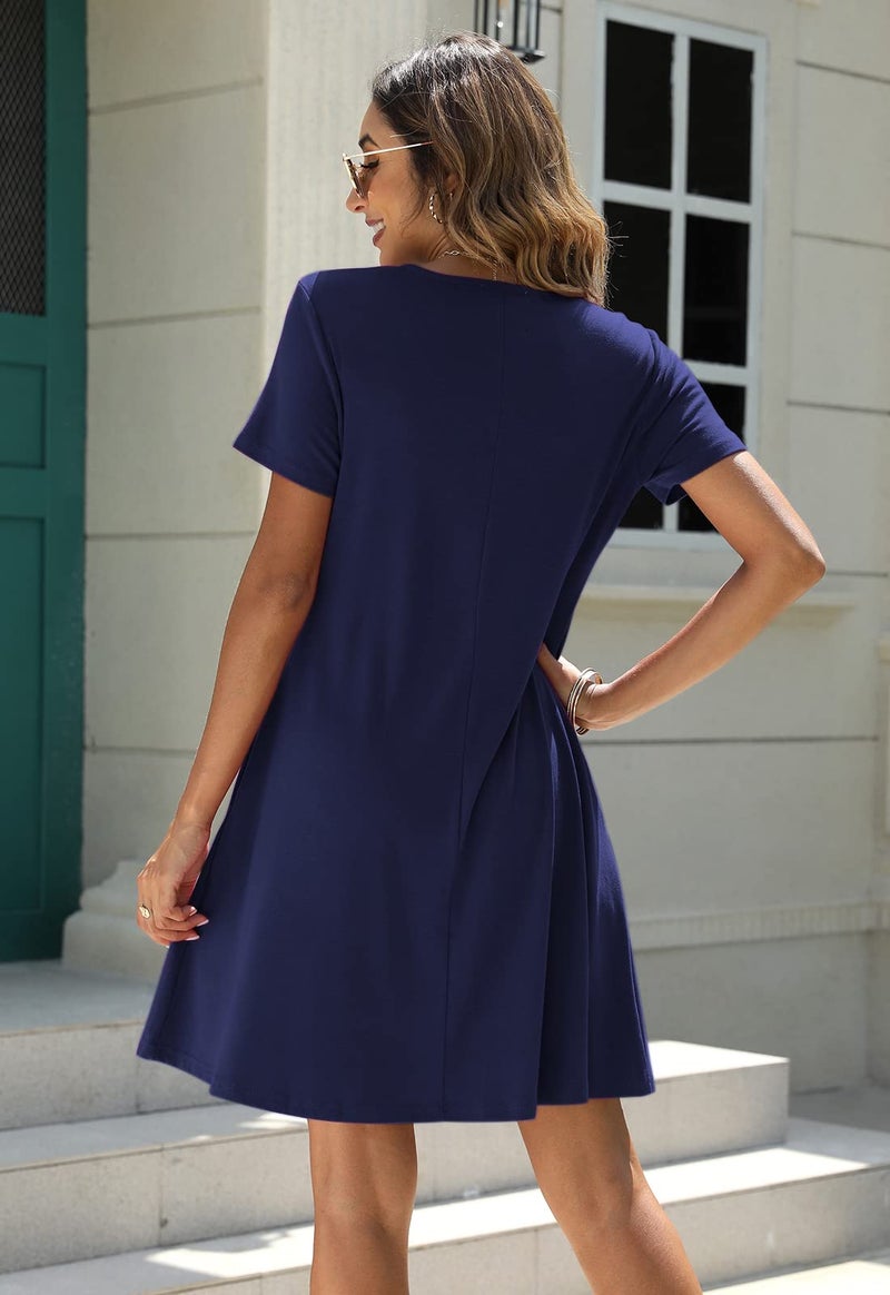Manydress Women's Summer Casual T Shirt Short Sleeve Button Down Swing Dress with Pockets MY035 (Dark Blue, L) - Image 2