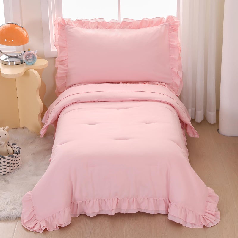 Wowelife Pink Toddler Bedding Set for Girls Toddler Bedding 4 Pieces Boho Tufted Comforter with Ruffles Design Toddler Girl Bed Set with Comforter, Fitted Sheet, Flat Sheet and Pillowcase - Image 1