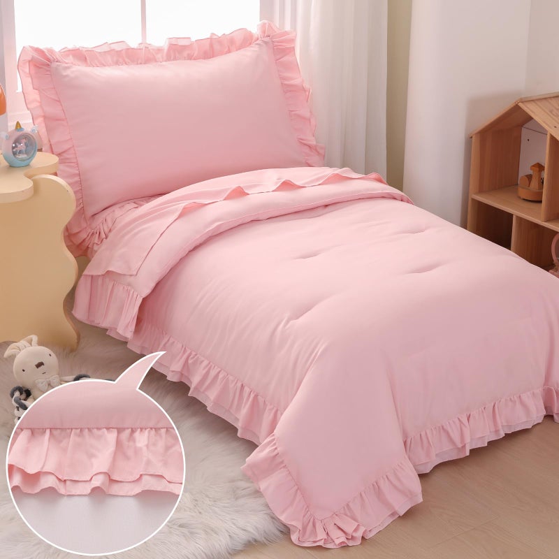Wowelife Pink Toddler Bedding Set for Girls Toddler Bedding 4 Pieces Boho Tufted Comforter with Ruffles Design Toddler Girl Bed Set with Comforter, Fitted Sheet, Flat Sheet and Pillowcase - Image 2