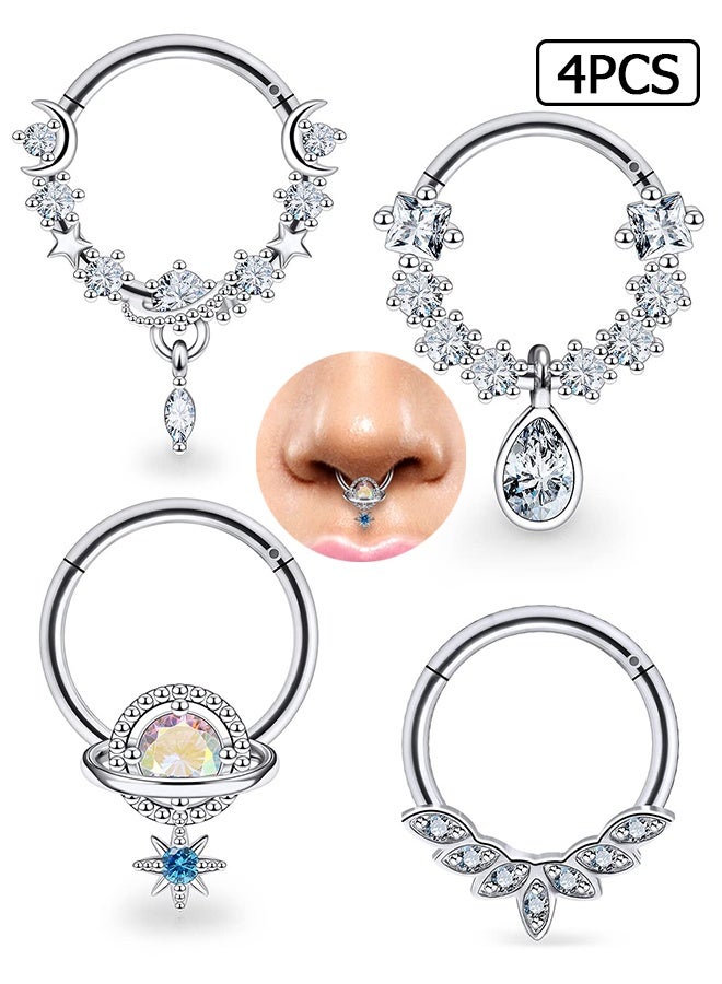 Wffo 4 Pcs Nose Rings - Silver Nose Rings - Water Drop Nose Ring - Star and Moon Nose Ring - Sparkling Diamond-Encrusted Nose Ring - Stainless Steel Nose Ring - Can be Used as a Nasal Septum Ring and Cartilage Earrings - Men's Women's Gifts (10mm) - Image 1