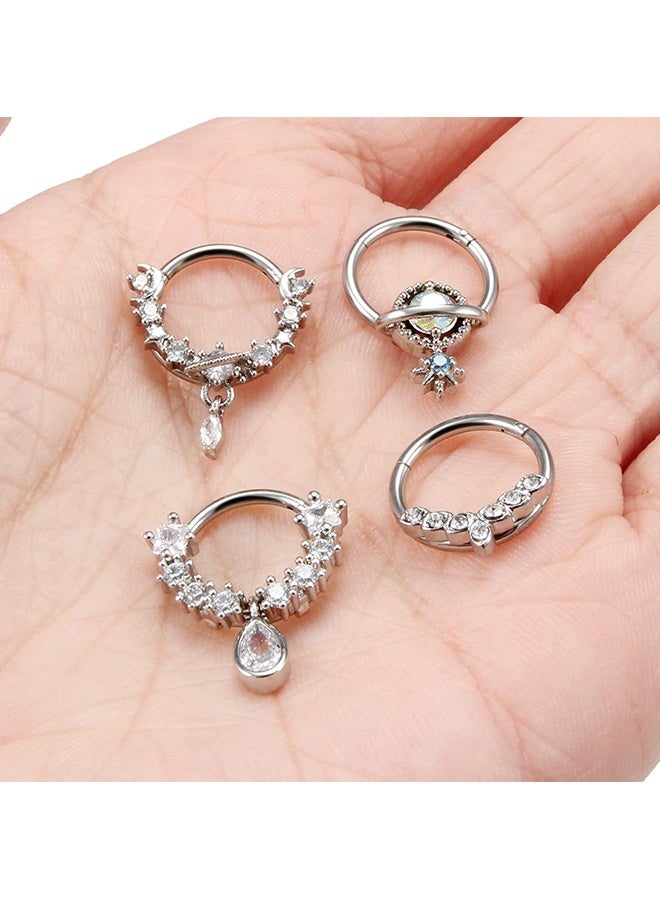 Wffo 4 Pcs Nose Rings - Silver Nose Rings - Water Drop Nose Ring - Star and Moon Nose Ring - Sparkling Diamond-Encrusted Nose Ring - Stainless Steel Nose Ring - Can be Used as a Nasal Septum Ring and Cartilage Earrings - Men's Women's Gifts (10mm) - Image 4