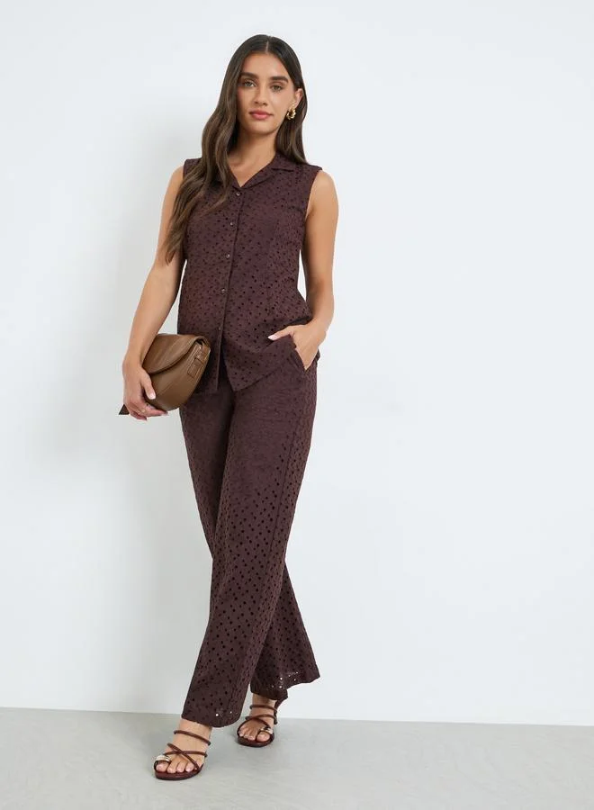 Styli Women Brown Sleeveless Eyelet Blouse