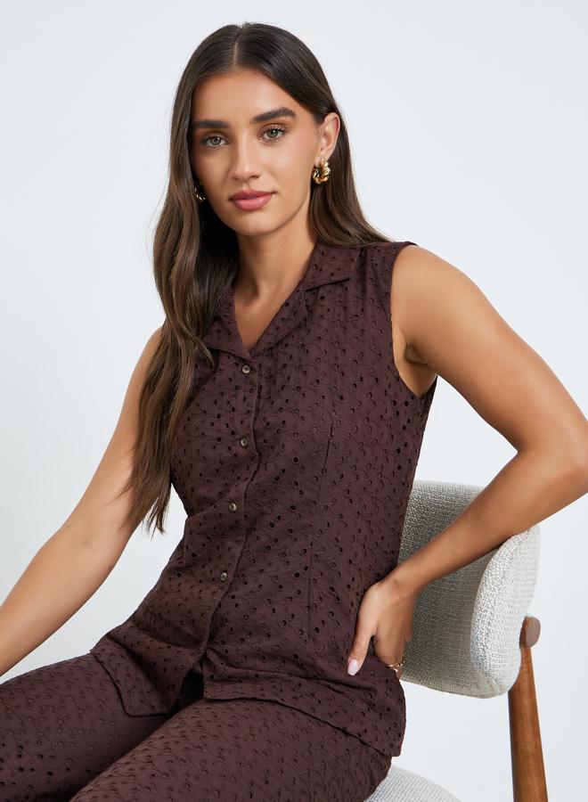 Styli Women Brown Sleeveless Eyelet Blouse - Image 3
