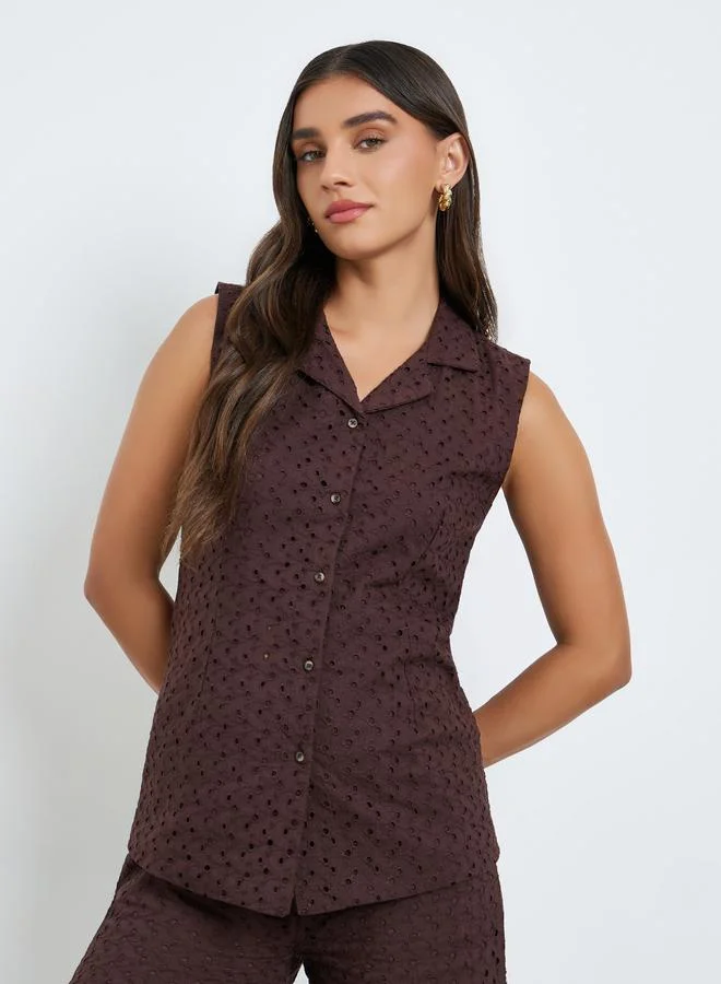 Styli Women Brown Sleeveless Eyelet Blouse