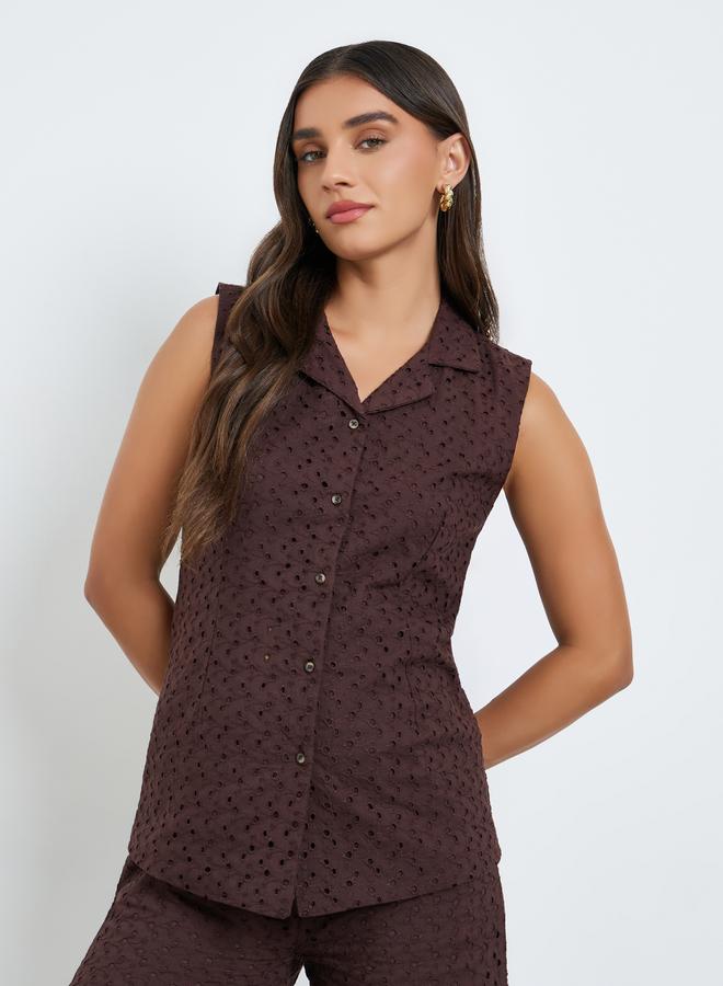 Styli Women Brown Sleeveless Eyelet Blouse - Image 1