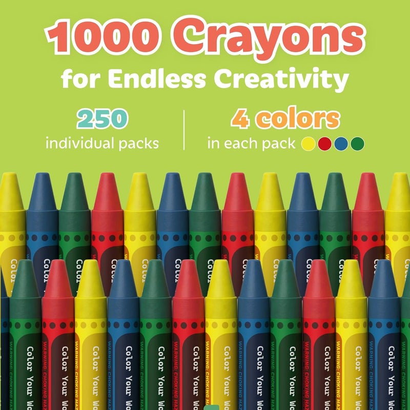 Kidaddle 1000 Count Bulk Crayons, 4 Color, 250 Packs, Regular Size Non-Toxic Color Crayon Packs, for School, Teachers & Classroom Supplies, Restaurant, Stocking Stuffer, Coloring Crayon Party Favor For Kids - Image 2