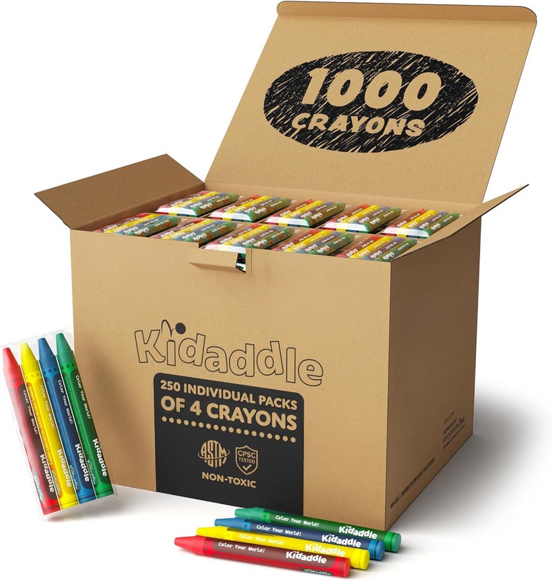 Kidaddle 1000 Count Bulk Crayons, 4 Color, 250 Packs, Regular Size Non-Toxic Color Crayon Packs, for School, Teachers & Classroom Supplies, Restaurant, Stocking Stuffer, Coloring Crayon Party Favor For Kids - Image 1