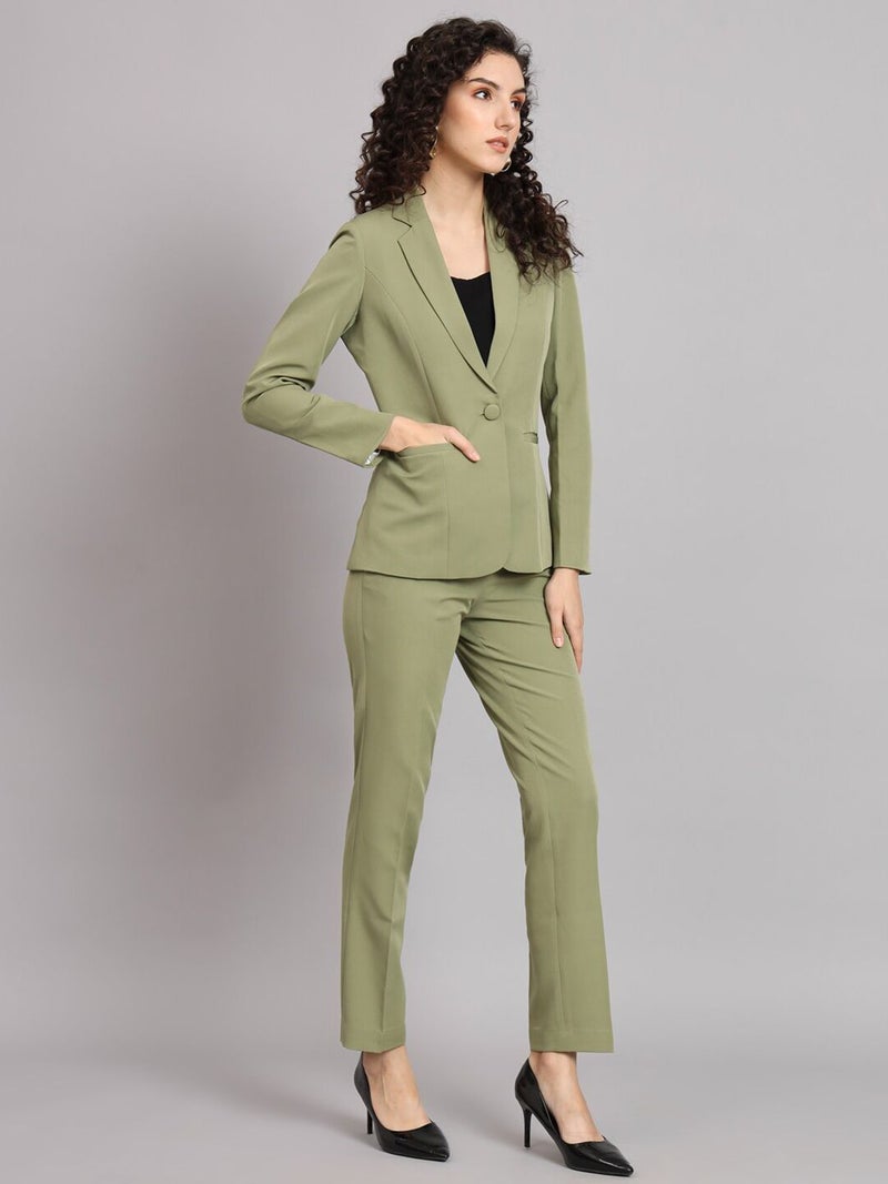 Powersutra Olive Notch Collar Stretch Pant Suit for Women - Image 3