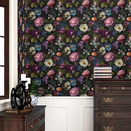 REDAMANCY Dark Black Pink Flowers White Poppies Peony Floral Peel and Stick Wallpaper Stick on Contact Paper Vintage Wall Paper Easy Peel Off for nightstand Drawer Cabinet Renter - Image 2