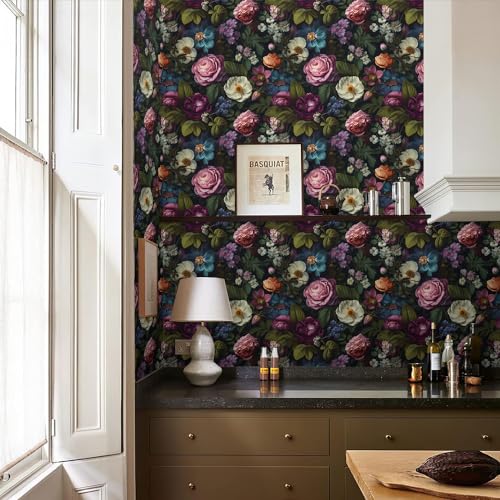 REDAMANCY Dark Black Pink Flowers White Poppies Peony Floral Peel and Stick Wallpaper Stick on Contact Paper Vintage Wall Paper Easy Peel Off for nightstand Drawer Cabinet Renter - Image 5