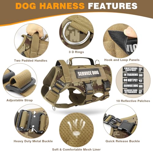 WINSEE Tactical Dog Harness with Dog Leash, Service Working MOLLE Vest with 10 Pet Patches for Dog, No Pull Military Harness and Backpack for Training Hunting Walking - Image 4