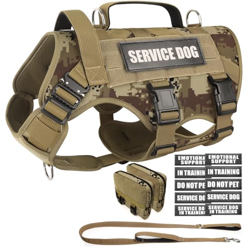 WINSEE Tactical Dog Harness with Dog Leash, Service Working MOLLE Vest with 10 Pet Patches for Dog, No Pull Military Harness and Backpack for Training Hunting Walking - Image 1