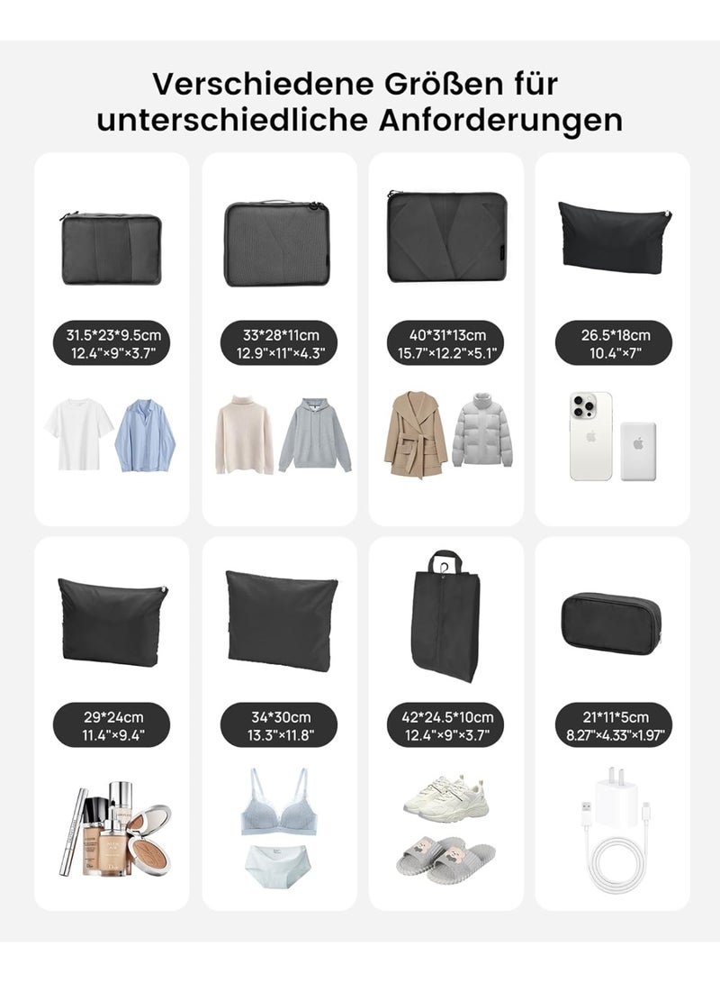 كارتيا 8-Teilige Koffer Organizer Travel Essentials, Wasserdicht Ultraleichter und langlebiger PackwüRfel Koffer Organizer Mit Schuhtasche, Kosmetiktasche (Schwarz) - Image 2