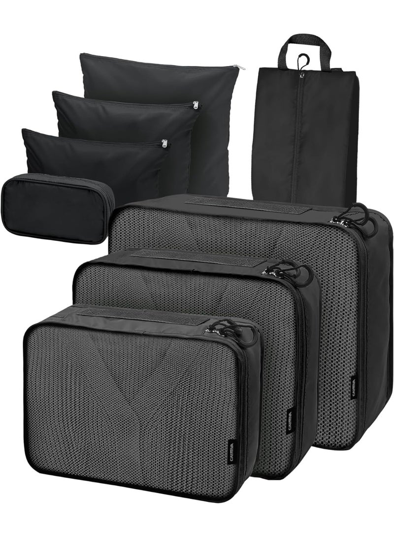 كارتيا 8-Teilige Koffer Organizer Travel Essentials, Wasserdicht Ultraleichter und langlebiger PackwüRfel Koffer Organizer Mit Schuhtasche, Kosmetiktasche (Schwarz) - Image 1