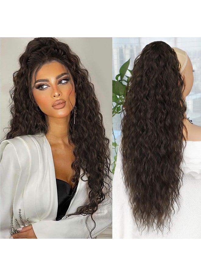 ALXNAN Lxnan Clip On Ponytails Claw Clip Ponytail Extensions For Women Long Dark Brown Curly Wavy Ponytail Extension Fluffy Synthetic Hairpiece For Daily Party Use 26 Inch  - Image 1
