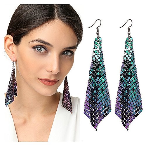 Suyi Trendy Women Earrings Metal Mesh Grid Sequins Tassel Long Drop Dangle Earrings Multicolor - Image 2