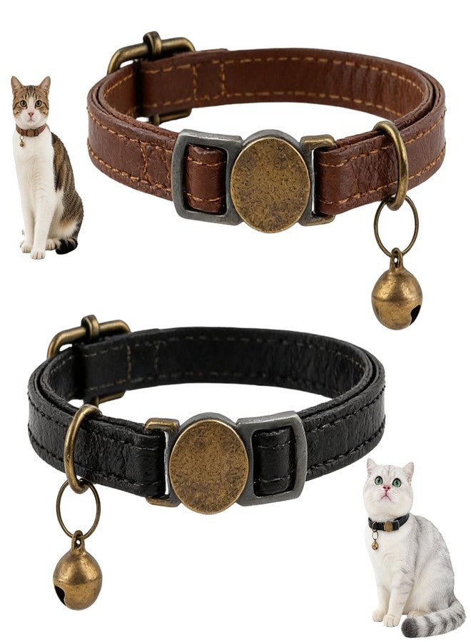 LUSTRIB 2 Pcs Retro Leather Cat Collar for Boy Cats, Adjustable Breakaway Cat Collar with Bell, Soft PU Leather Collars for Kittens Small Pets (Black & Brown) - Image 1