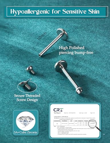 ORAZIO Silver Flat Back Stud Earrings, 18G 316L Surgical Steel Internal Thread CZ Studs Hypoallergenic Conch Cartilage Helix Tragus Piercing Jewelry Lip Labret Medusa Nose Studs for Women Men S 10 - Image 3